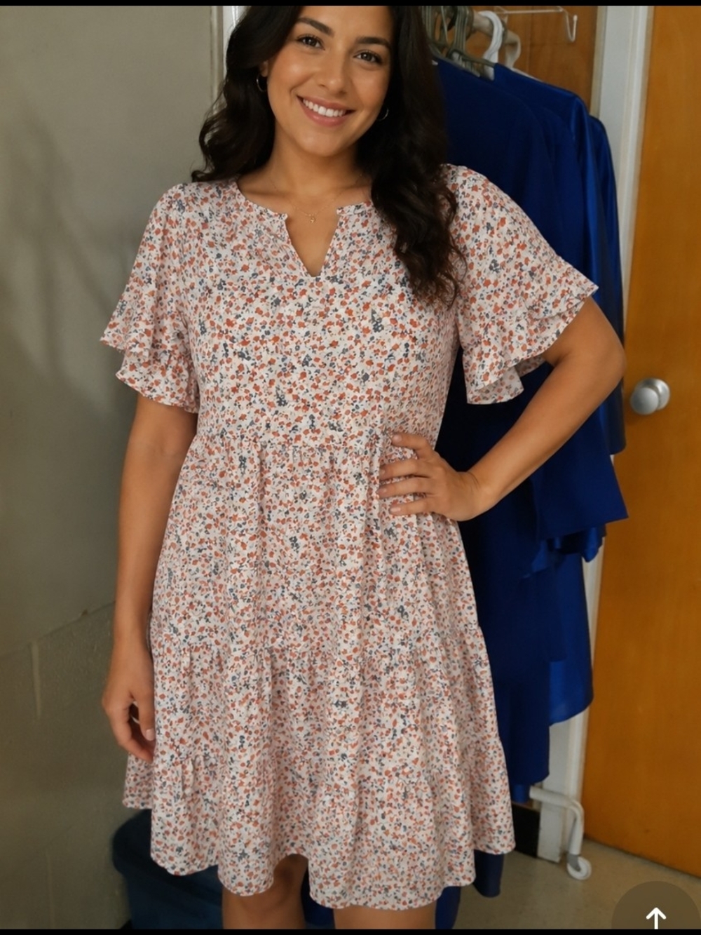 4/$20 Floral Ruffle-Sleeve Tiered Dress in Blush